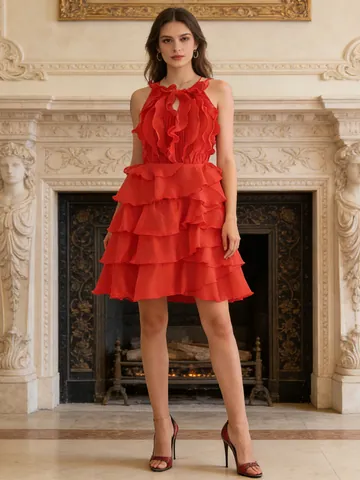 Sleeveless Ruffle High Waist Mini Dress Gentle Solid Color A-Line Tiered Dress For Women Elegant Fashion Party Outfits