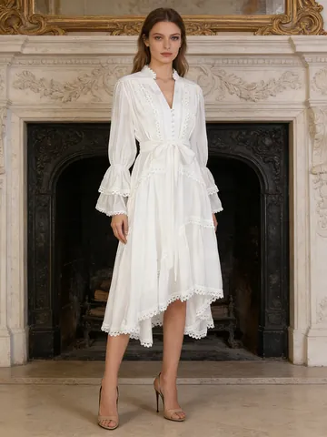 French Court Style Embroidered Dress Women Vintage V Neck Flared Sleeve Lace Up Waist Tiered Ruffle Maxi Dress Khaki White Black