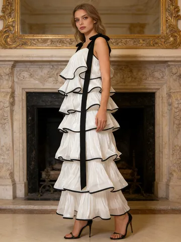 Women Elegant Tiered Cake Skirt Sleeveless Maxi Dress Contrast Wide Straps Loose Slimming Solid Color Polyester Long Dress