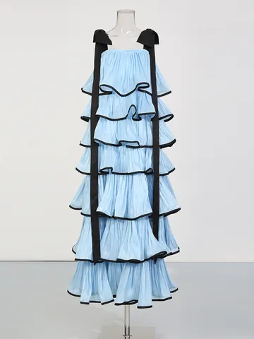 Women Elegant Tiered Cake Skirt Sleeveless Maxi Dress Contrast Wide Straps Loose Slimming Solid Color Polyester Long Dress