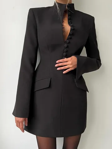 Women Long Sleeve Blazer Dress Stand Collar Slim Fit Bodycon Mini Dress Polyester Cotton Blend Office Business Elegant Wear