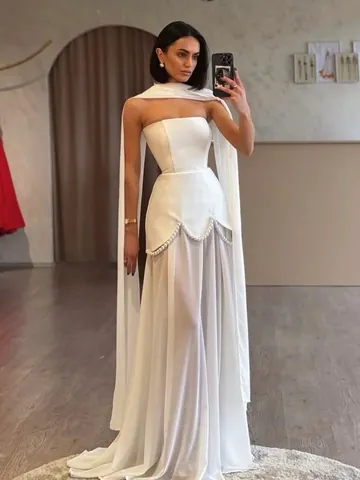 Women Elegant Strapless Maxi Dress Sexy Mesh Patchwork Beaded Evening Gown With Streamers Banquet Party Dress