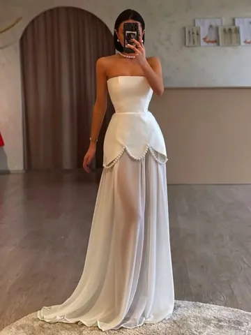 Women Elegant Strapless Maxi Dress Sexy Mesh Patchwork Beaded Evening Gown With Streamers Banquet Party Dress
