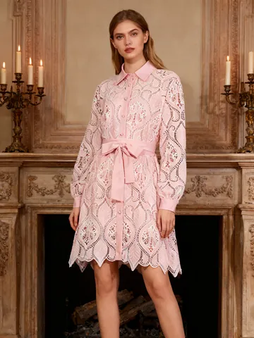 Elegante Abito Rosa Ricamato Stile Francese per Donna Cotone Poliestere Vita Allacciata Manica Lunga a Comparsa