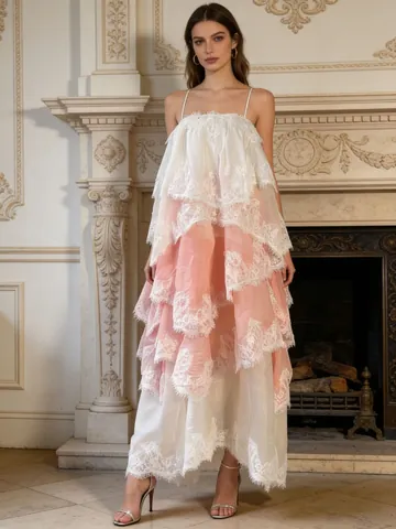 Women Romantic Vacation Style Polyester Cami Maxi Dress Lace Patchwork Tiered Cupcake Gradient Beach Long Dress For Summer Spring