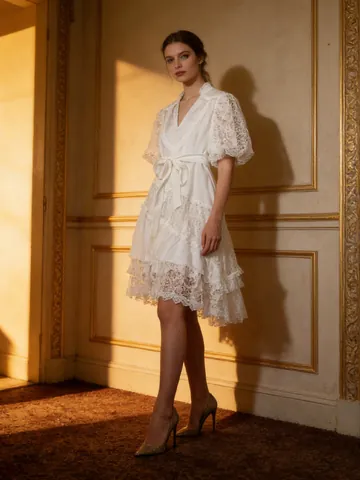 French Vintage Lace Patchwork Tea Break Dress Women V Neck Puff Sleeve Irregular Hem Waist Tie Solid Color Polyester Cotton Dress