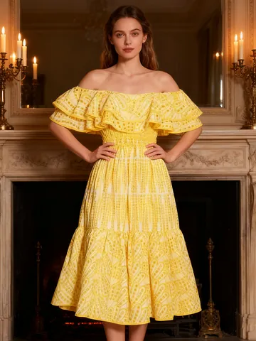 Elegant French Style Off Shoulder Ruffle Dress For Women Polyester Smocked Waist Slim Fit Solid Color Summer Party Midi Dress