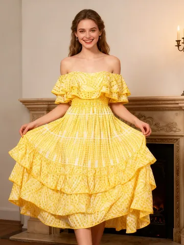 Elegant French Style Off Shoulder Ruffle Dress For Women Polyester Smocked Waist Slim Fit Solid Color Summer Party Midi Dress
