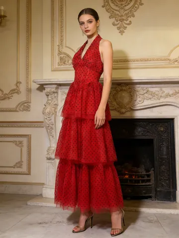 Vintage Polka Dot Halter V-Neck Tiered Mesh Maxi Dress Women Retro Romantic Banquet Party Sleeveless Tulle Cake Dress