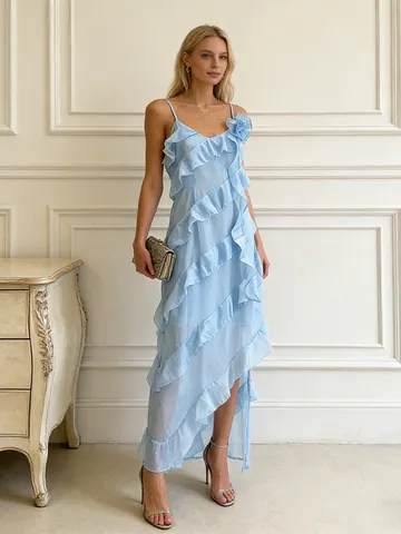 Women Sexy Spaghetti Strap Maxi Dress With 3D Floral Decoration Patchwork Ruffle Hem Slim Fit Vacation Party Dress