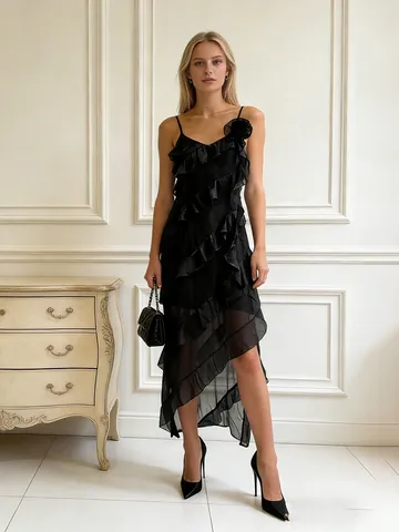 Women Sexy Spaghetti Strap Maxi Dress With 3D Floral Decoration Patchwork Ruffle Hem Slim Fit Vacation Party Dress