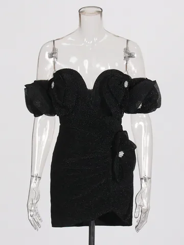 Dames Sexy Off-Shoulder Geplooid Bodycon Mini Jurk Met Strass 3D Bloem Strik Mouwen Elegante Zwarte Party Avondjurk