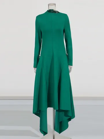 Robe Longue Femme Élégante Encolure Biaisée Manches Longues Plissée Irrégulière Grande Amplitude Robe Maxi Couleur Unie Polyester Coupe Slim