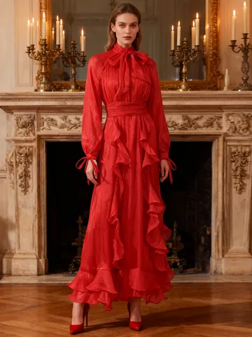 French Style Elegant Gentle Ruffle Long Sleeve Maxi Dress For Women 2026 Spring New Design Solid Color Polyester Banquet Evening Gown