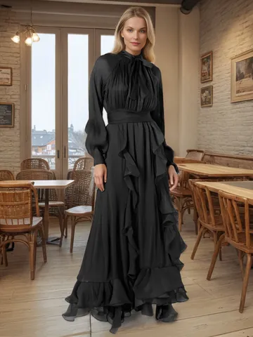 French Style Elegant Gentle Ruffle Long Sleeve Maxi Dress For Women 2026 Spring New Design Solid Color Polyester Banquet Evening Gown