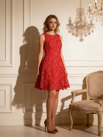 Elegant Round Neck Sleeveless Lace Embroidery A-Line Mini Dress Women Sweet Floral Heavy Work Polyester Cotton Short Dress