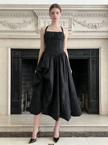 French Gentle Style Halter Neck Backless Pleated Large Swing Maxi Dress Polyester Solid Color Slit Elegant Party Dress For Women