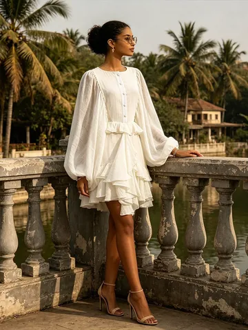 Vintage Palace Style Women Polyester Mini Dress Lantern Sleeve Single Breasted Ruffle Trim Waist Slimming Party Dress