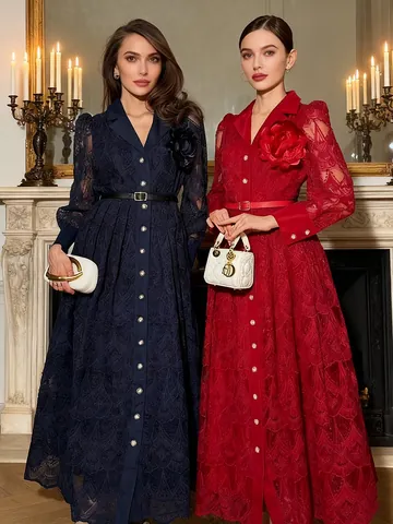 French Celebrity Style Heavy Embroidery Hollow Out Lace Maxi Dress With Belt Women Single Breasted Long Sleeve Elegant Party Evening Dress