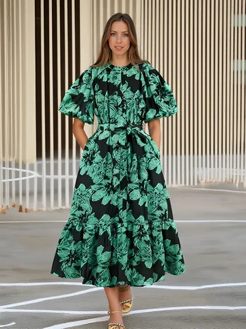 Women Vintage Botanical Print Maxi Dress Elegant Puff Sleeve Round Neck Tie Waist A-Line Long Dress Spring Fashion Dress