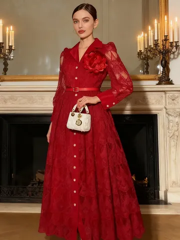 French Celebrity Style Heavy Embroidery Hollow Out Lace Maxi Dress With Belt Women Single Breasted Long Sleeve Elegant Party Evening Dress