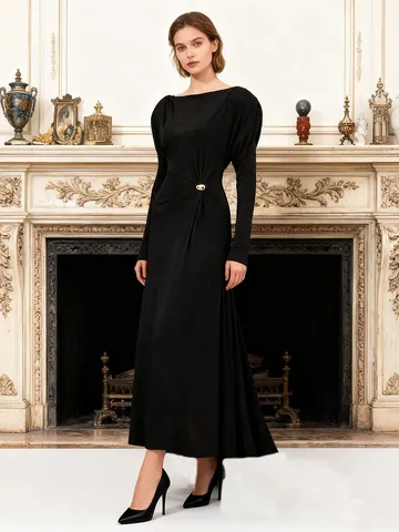 Women's Elegant Twist Knot Metal Buckle Long Sleeve Maxi Dress Slim Fit Solid Color Polyester Backless Evening Banquet Party Gown