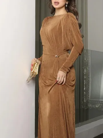 Women's Elegant Twist Knot Metal Buckle Long Sleeve Maxi Dress Slim Fit Solid Color Polyester Backless Evening Banquet Party Gown