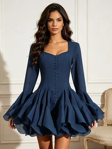 French Style Elegant Fairy Tutu Mini Dress Women Square Neck Ruffle Flare Sleeve Flare Hem A-Line Dress