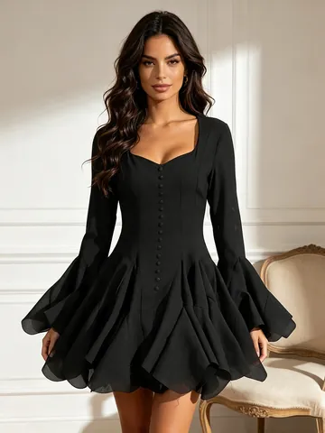 French Style Elegant Fairy Tutu Mini Dress Women Square Neck Ruffle Flare Sleeve Flare Hem A-Line Dress
