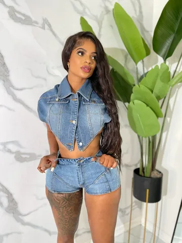Damen Mode Denim Look Unregelmäßiges Ärmelloses Crop Top Und Bodycon Shorts Top And Bottom Lässiges Sommer Set