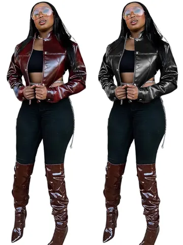 Damen Sexy Crop PU Lederjacke Slim Fit Stehkragen Glänzend Einfarbig Kunstledermantel Für Herbst Winter Mode Outwear