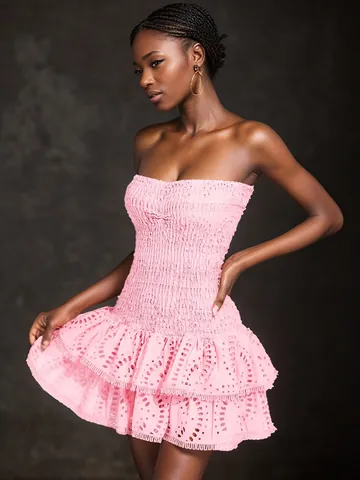 Vestido Mini Sin Tirantes Sexy Nido de Abeja Mujer Volantes Bordado de Ojales Ajustado Verano Playa Fiesta Noche Vestido