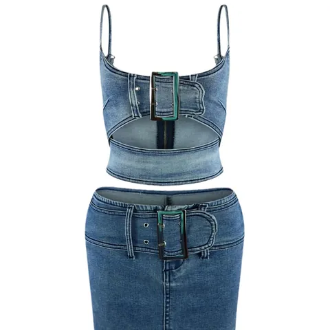Women Fashion Elastic Denim Two Piece Skirt Set With Adjustable Metal Buckle Hollow Out Crop Top And Mini Skirt Suits