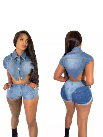 Damen Mode Denim Look Unregelmäßiges Ärmelloses Crop Top Und Bodycon Shorts Top And Bottom Lässiges Sommer Set