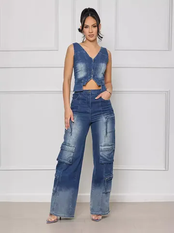 Damen Retro Denim Top And Bottom Set Farbverlauf Waschung Reißverschluss Weste Und Multi Pocket Weites Bein Cargo Hose Casual Streetwear Outfit