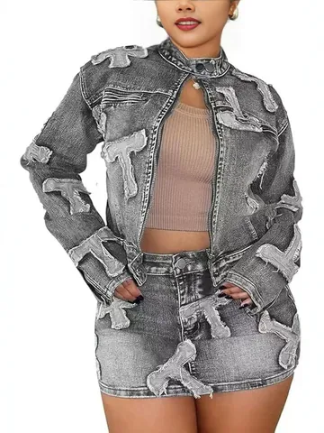 Women Denim Jacket And Skirt Top And Bottom Washed Embroidery Patchwork Long Sleeve Zipper Streetwear Vintage Casual Outfit