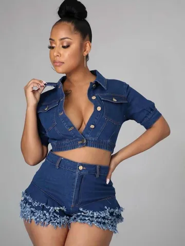 Damen Slim Fit Denim Zweiteiler Polyester Ausgefranste Quasten Jacke Mit Knöpfen Und Shorts Mit Hoher Taille Top Und Bottom