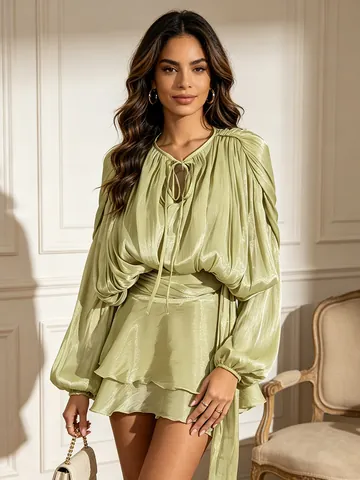 Women's Puff Sleeve Pleated Mini Dress Elegant Lacing Ruffle Hem Sexy Solid Color Party Dating Short Dress For Women