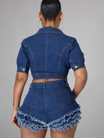 Damen Slim Fit Denim Zweiteiler Polyester Ausgefranste Quasten Jacke Mit Knöpfen Und Shorts Mit Hoher Taille Top Und Bottom