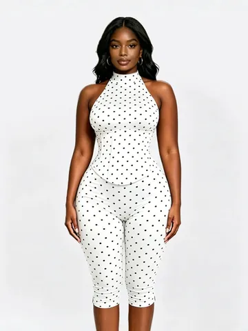 Women Polka Dot Halter Neck Jumpsuit Fake Two-Piece Corset Waist Cropped Pants Slim Fit Sleeveless Polyester Bodycon One-Piece Suit