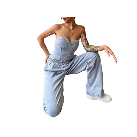 Damen Ärmellos Hellblau Denim Top Und Bottom Mode Lässig Korsett Top Und Weites Bein Hose Streetwear Outfits Outwear