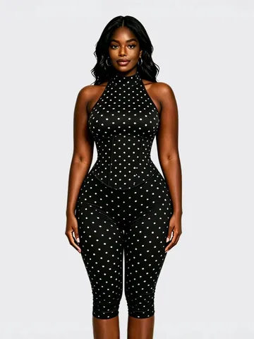 Women Polka Dot Halter Neck Jumpsuit Fake Two-Piece Corset Waist Cropped Pants Slim Fit Sleeveless Polyester Bodycon One-Piece Suit