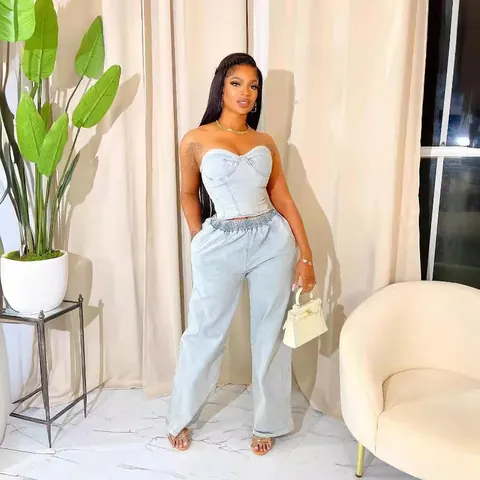 Fashion Sleeveless Stretch Denim Top And Bottom Set Women Corset Tube Top And High Waist Wide Leg Pants Distressed Outfit