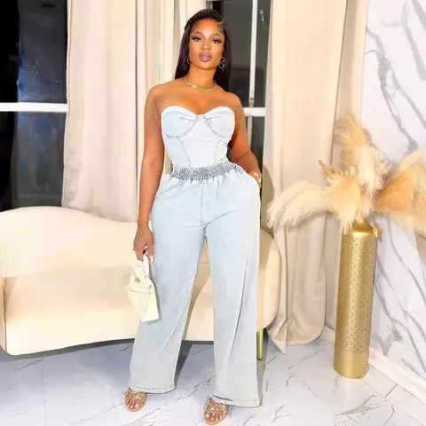 Fashion Sleeveless Stretch Denim Top And Bottom Set Women Corset Tube Top And High Waist Wide Leg Pants Distressed Outfit