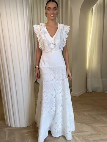French Vintage Lace Embroidery Hollow Out Top And Bottom Skirt Set Women Flutter Sleeve Short Top High Waist Long Skirt Elegant Outfit