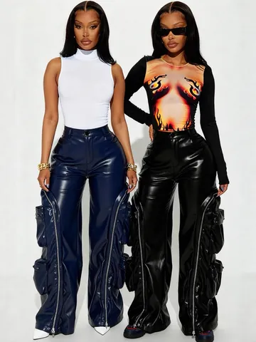 Damen Hohe Taille PU Leder Cargo Hose Mehrere Taschen Abnehmbare Reißverschluss Lose Weite Hose Winter Mode Streetwear Casual