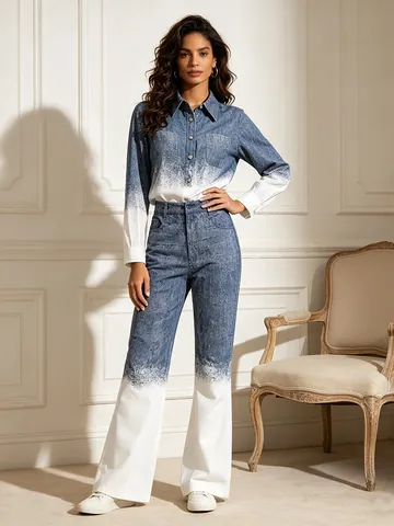 Conjunto De Dos Piezas Para Mujer Azul Degradado Textura De Mezclilla Poliéster Camisa Con Botones De Strass Pantalón Acampanado Cintura Alta Top And Bottom