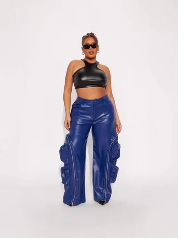 Damen Hohe Taille PU Leder Cargo Hose Mehrere Taschen Abnehmbare Reißverschluss Lose Weite Hose Winter Mode Streetwear Casual