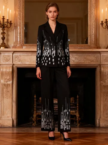 French Vintage Heavy Craft Sequin Blazer And Straight Leg Pants Two Piece Set For Women Elegant Formal Office Party Top And Bottom
