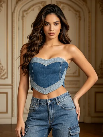 Women's Retro Washed Denim Heart Patchwork Tube Top Sexy Y2K Slim Fit Back Zipper Strapless Crop Vest Top Cotton Spandex